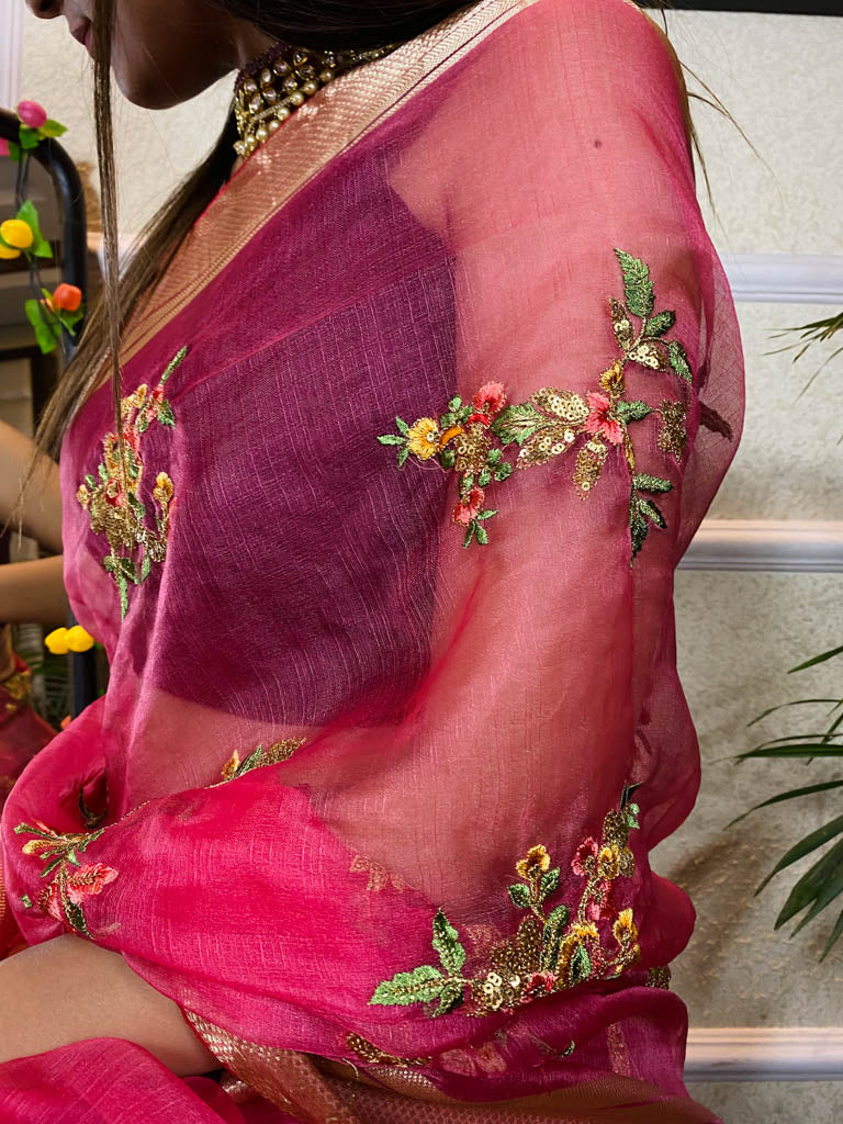 Onion Pink Organza Silk Saree