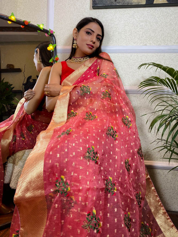 Onion Pink Organza Silk Saree
