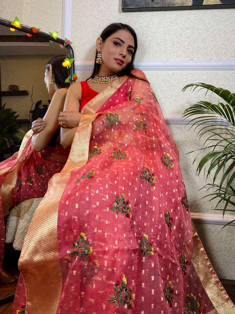 Onion Pink Organza Silk Saree