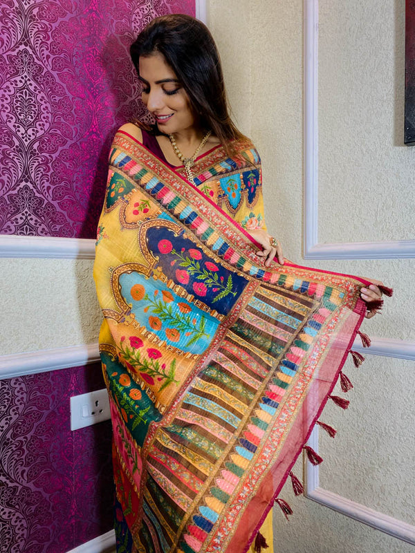 Tuscan Yellow Linen Sequined Saree