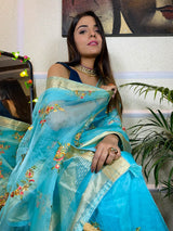 Arctic Blue Organza Silk Saree