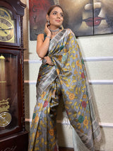 Midnight Grey Kalamkari Handloom Tussar Silk Saree