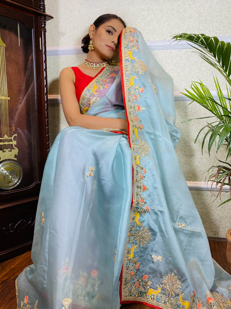 Ocean Blue Organza Crape Silk Saree