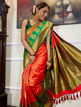 Scarlet Red Kanjeevaram Silk Banarasi Handloom Saree