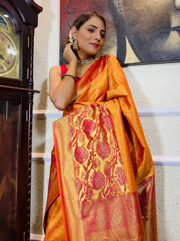 Mustard Gold Katan Silk Banarasi Handloom Saree