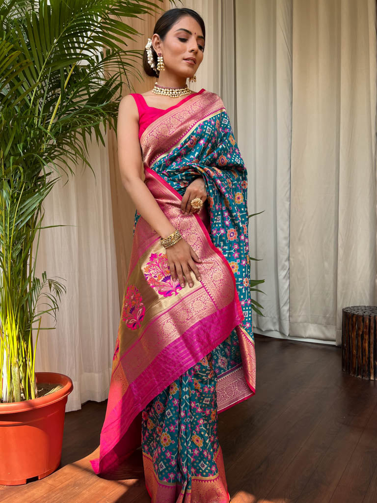 Cerulean Blue Patola Silk Saree