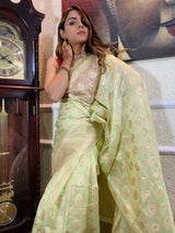 Lime Green Organza Crape Silk Saree
