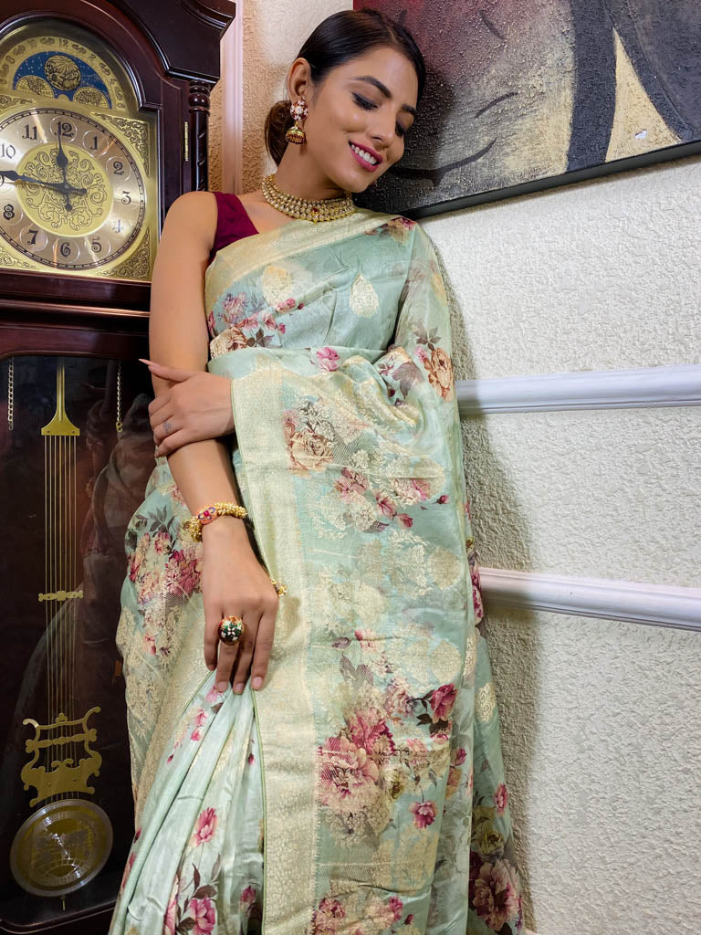 Frost Green Designer Banarasi Silk Saree