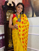 Sacred Yellow Red Georgette Bandhej Saree