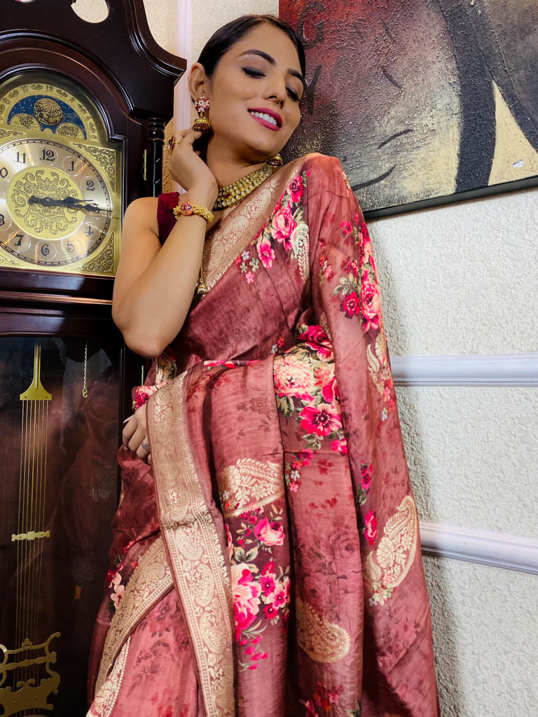 Amber Red Designer Banarasi Silk Saree