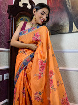 Apricot Orange Linen Sequined Saree