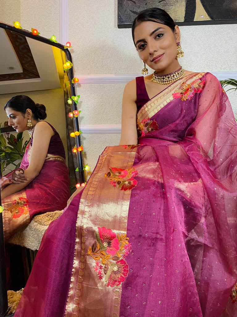 Magenta Purple Organza Silk Saree