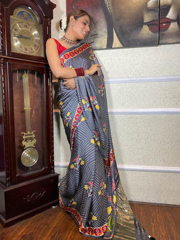 Fossil Grey Mulberry Silk Patola Saree