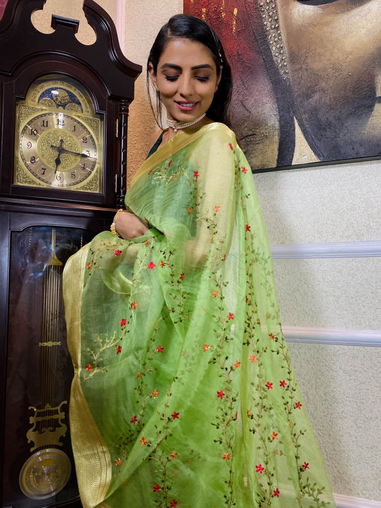 Parakeet Green Organza Silk Saree