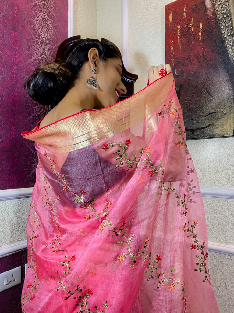 Fuchsia Pink Organza Silk Saree