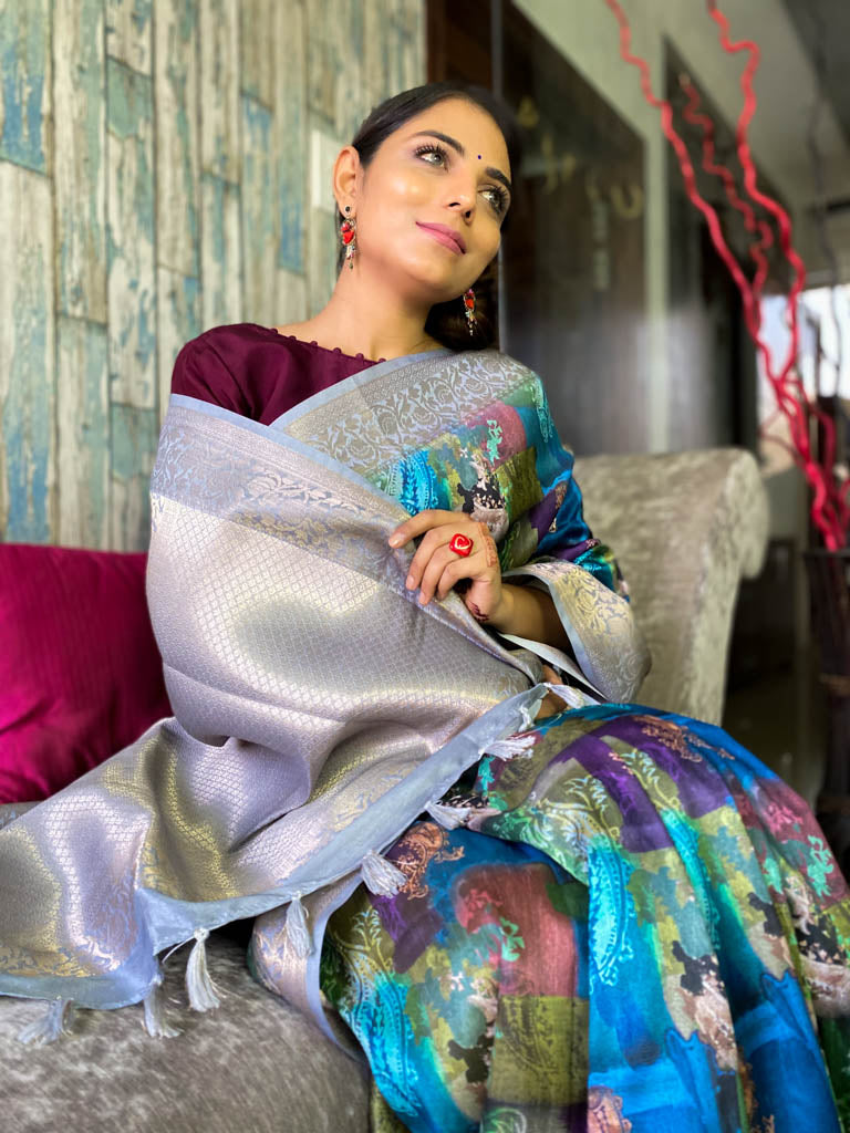 Azure Blue Uppada Cotton Silk Saree