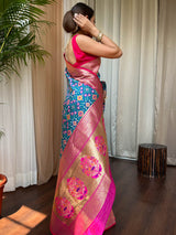 Cerulean Blue Patola Silk Saree