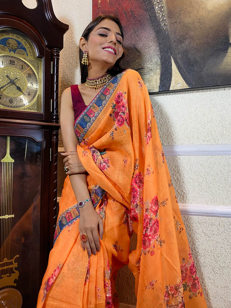 Apricot Orange Linen Sequined Saree
