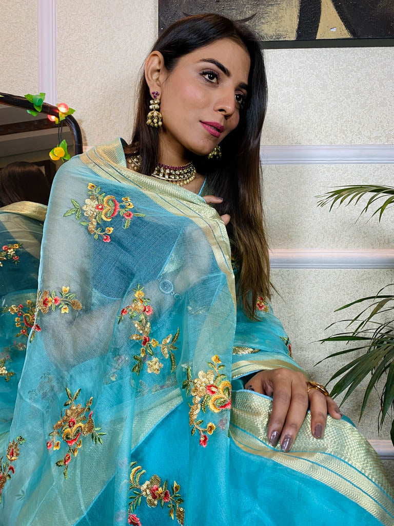 Arctic Blue Organza Silk Saree