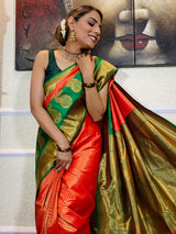 Scarlet Red Kanjeevaram Silk Banarasi Handloom Saree