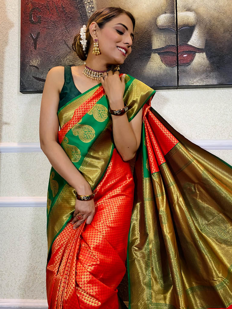 Scarlet Red Kanjeevaram Silk Banarasi Handloom Saree