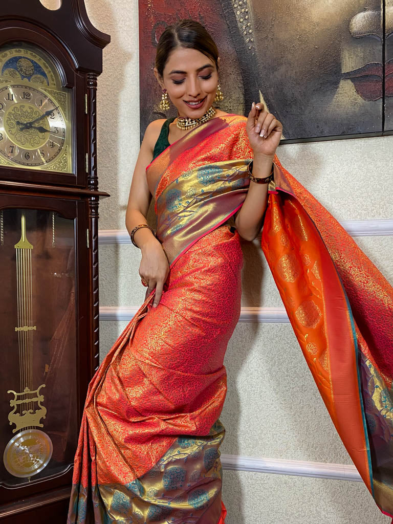Carrot Orange Katan Silk Banarasi Handloom Saree