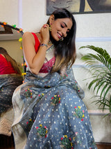 Smoky Grey Organza Silk Saree
