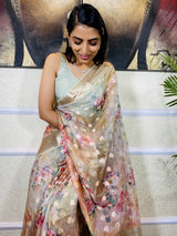 Oyster Tan Organza Silk Saree