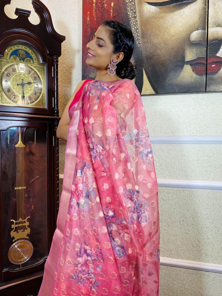 Taffy Pink Organza Silk Saree