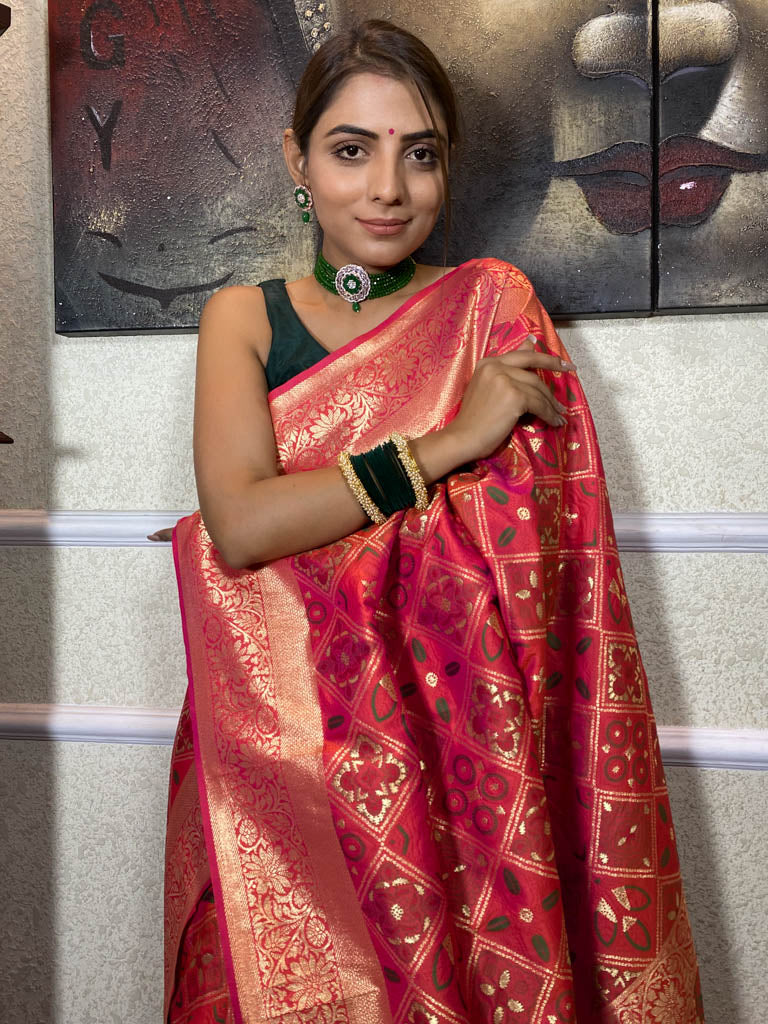 Carrot Red Katan Silk Patola Saree