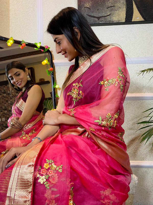 Onion Pink Organza Silk Saree
