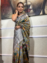 Midnight Grey Kalamkari Handloom Tussar Silk Saree