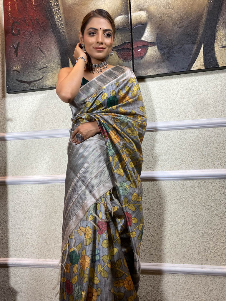Midnight Grey Kalamkari Handloom Tussar Silk Saree