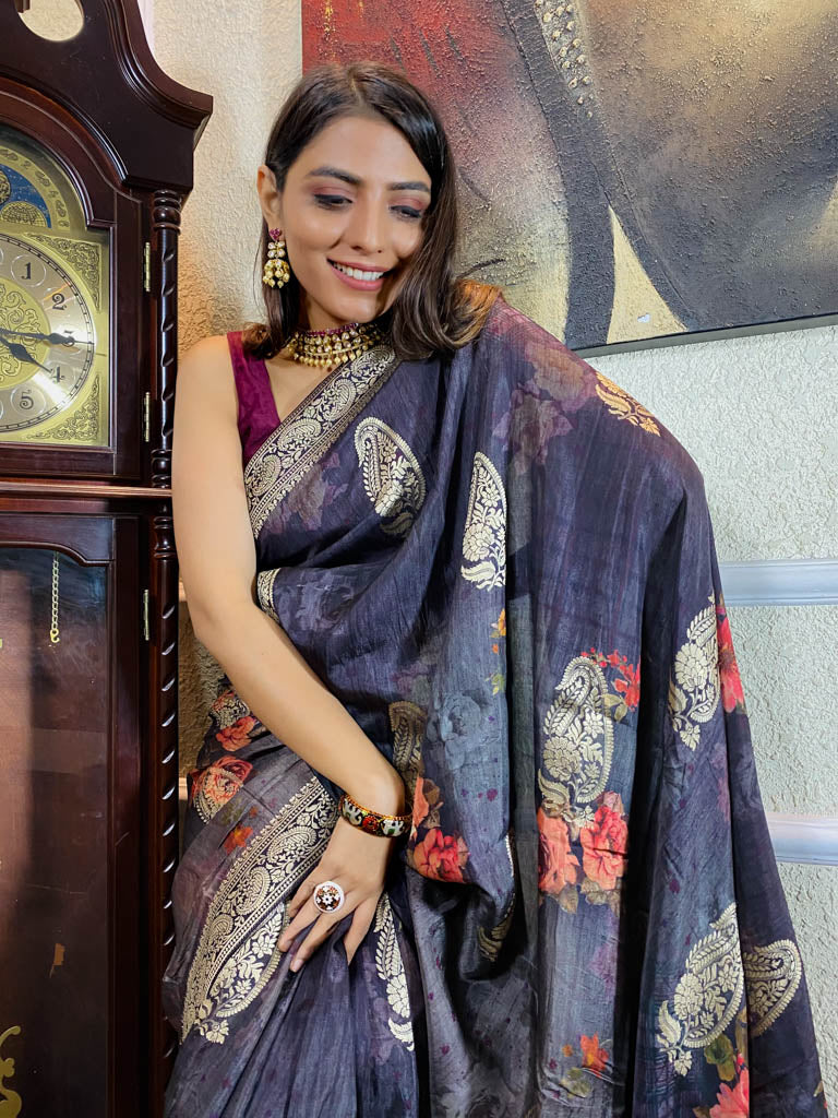 Raisin Grey Designer Banarasi Silk Saree