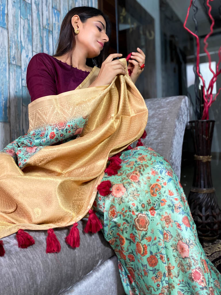 Seafoam Green Uppada Cotton Silk Saree