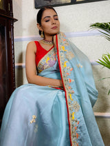 Ocean Blue Organza Crape Silk Saree