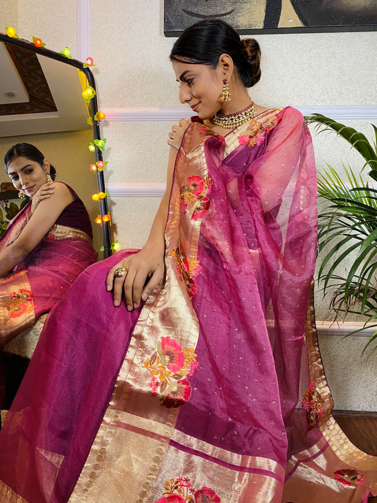 Magenta Purple Organza Silk Saree
