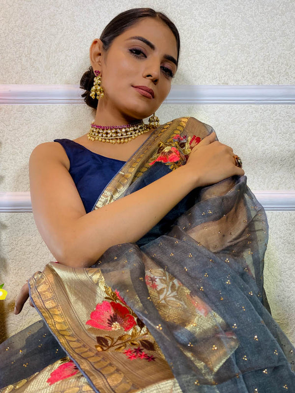 Millennium Grey Organza Silk Saree