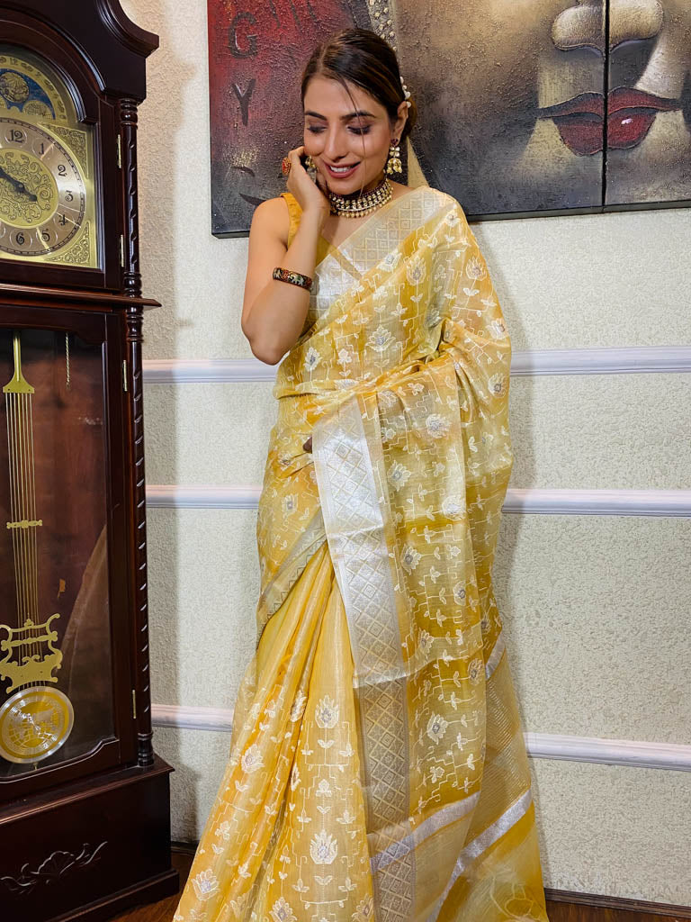Daffodil Yellow Tissue Linen Saree