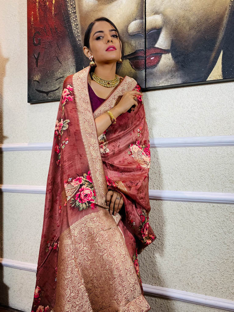 Amber Red Designer Banarasi Silk Saree