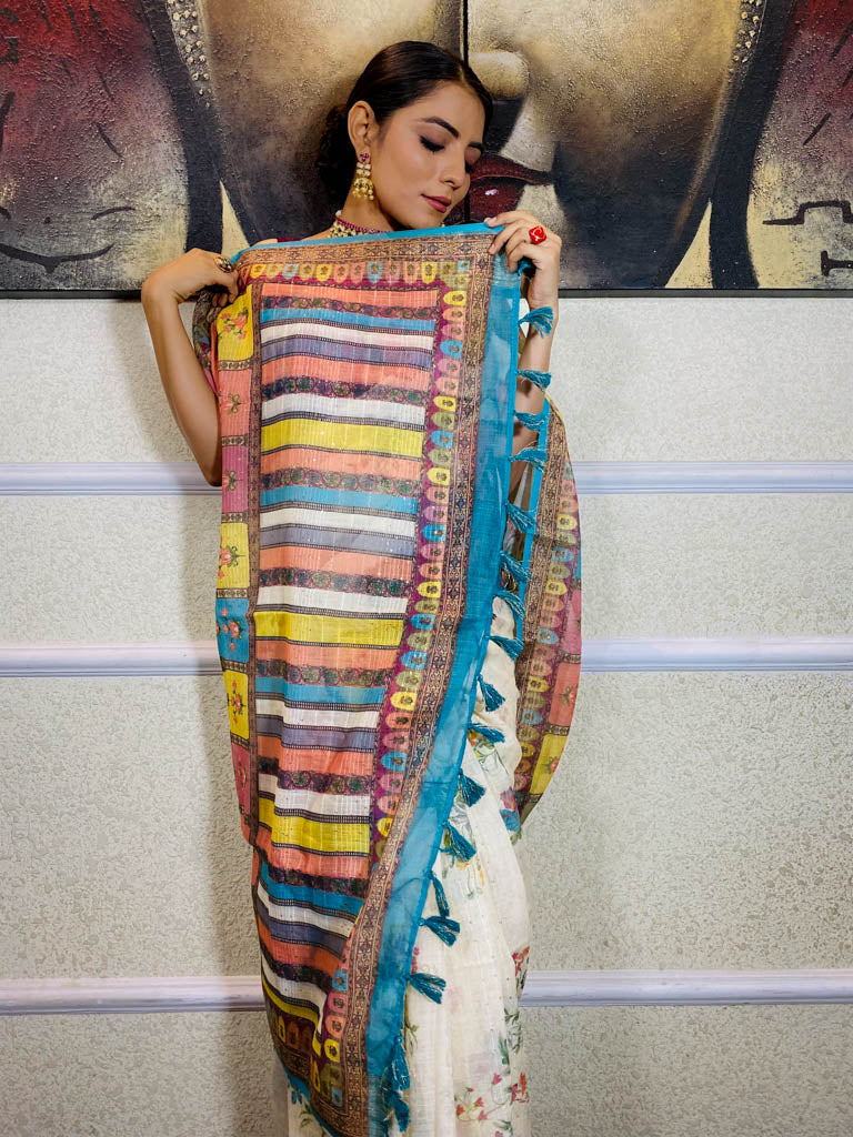 Daisy White Linen Sequined Saree