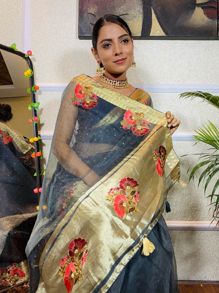 Millennium Grey Organza Silk Saree