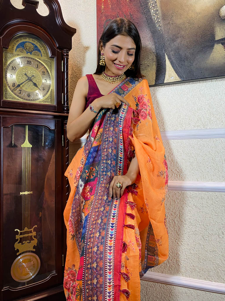 Apricot Orange Linen Sequined Saree