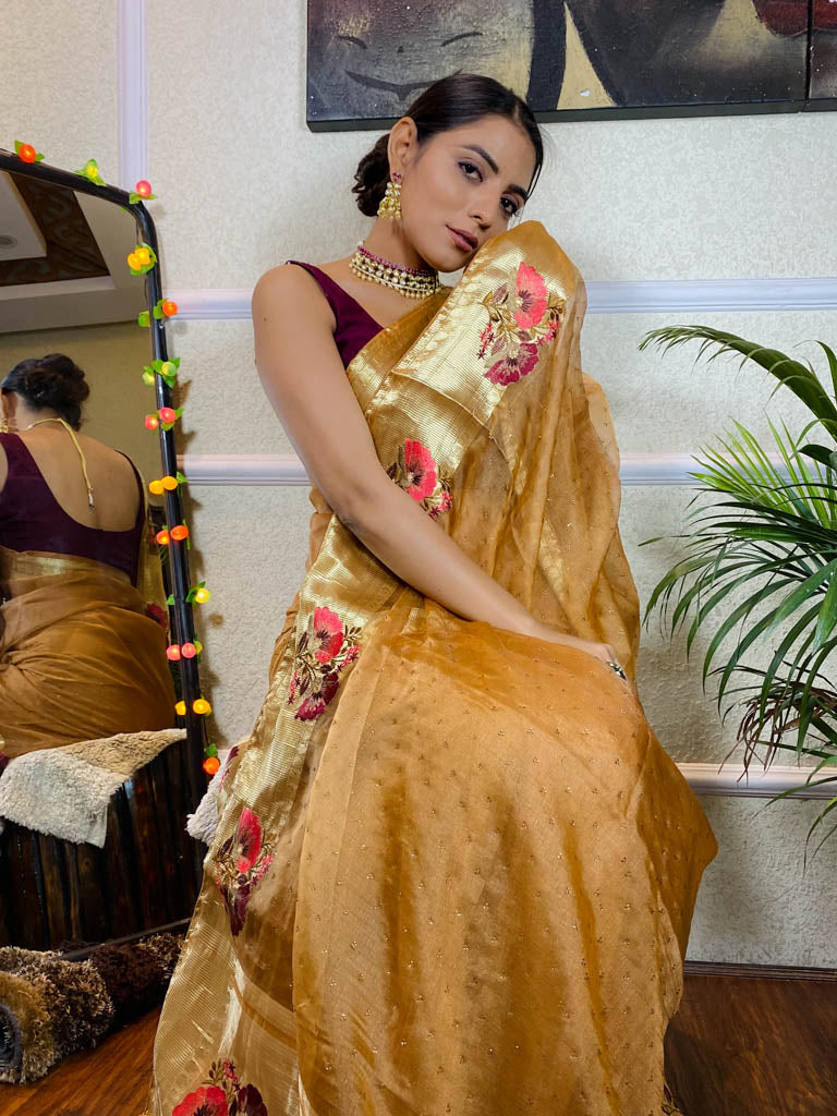 Peanut Brown Organza Silk Saree