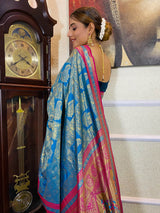 Azure Blue Kanjeevaram Silk Banarasi Handloom Saree