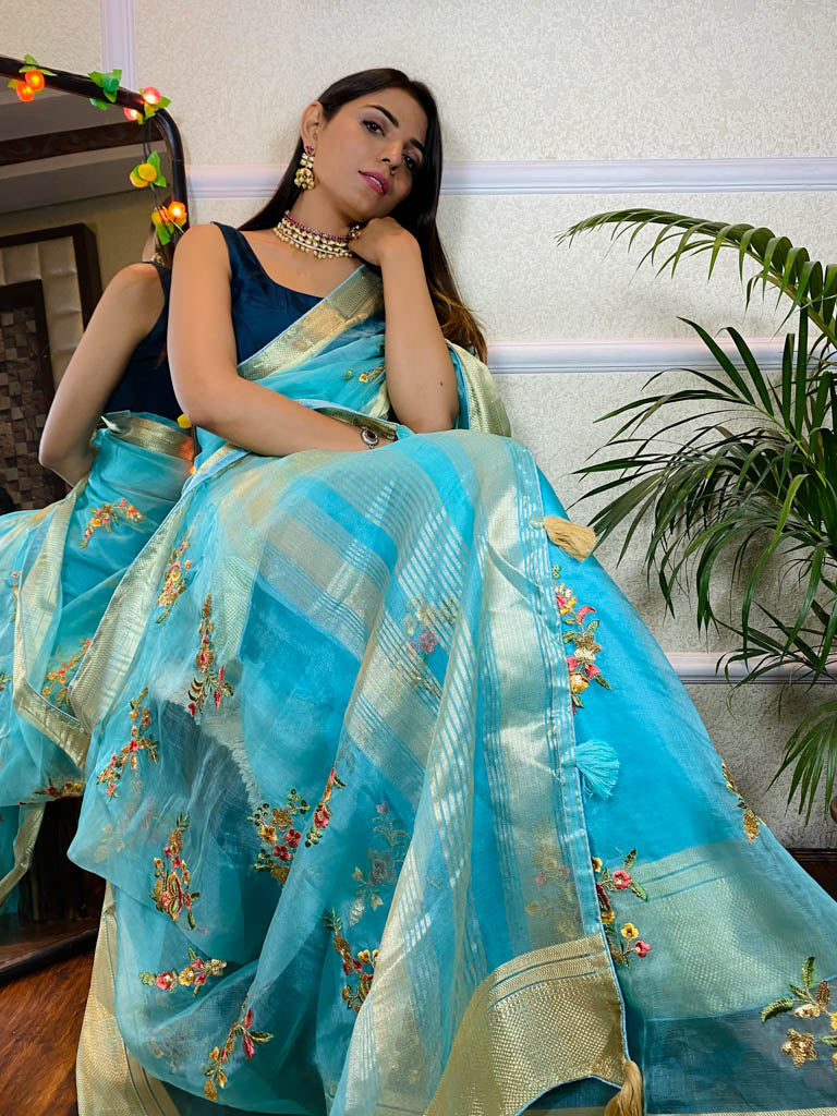 Arctic Blue Organza Silk Saree