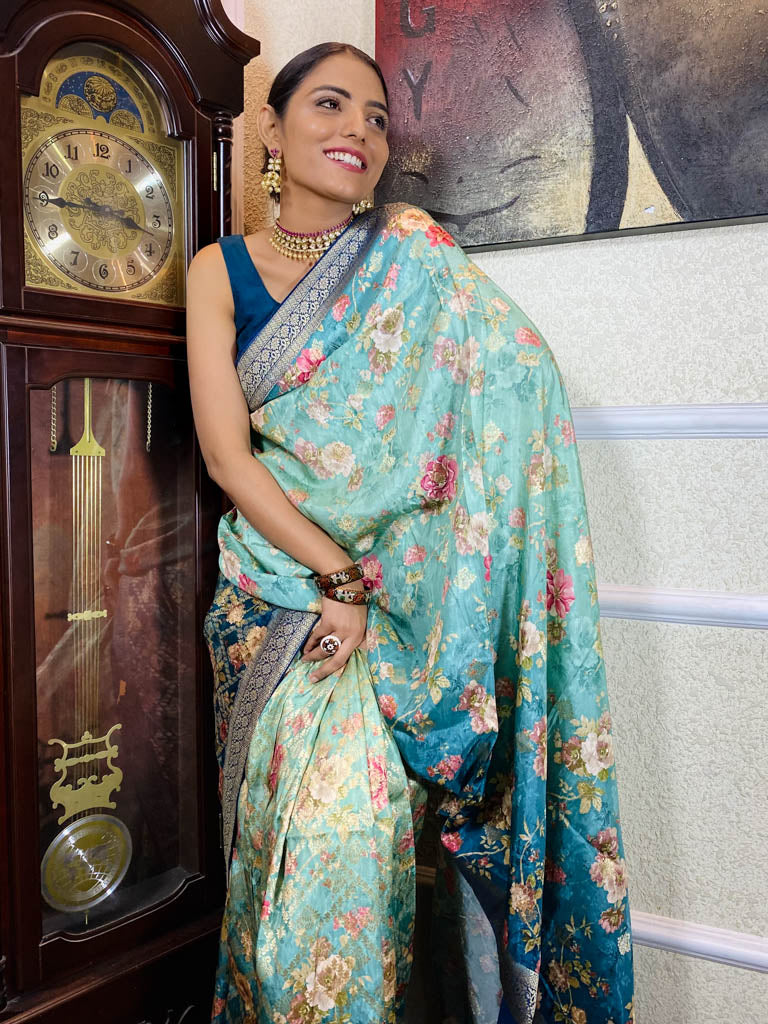 Teal Blue Designer Banarasi Silk Saree