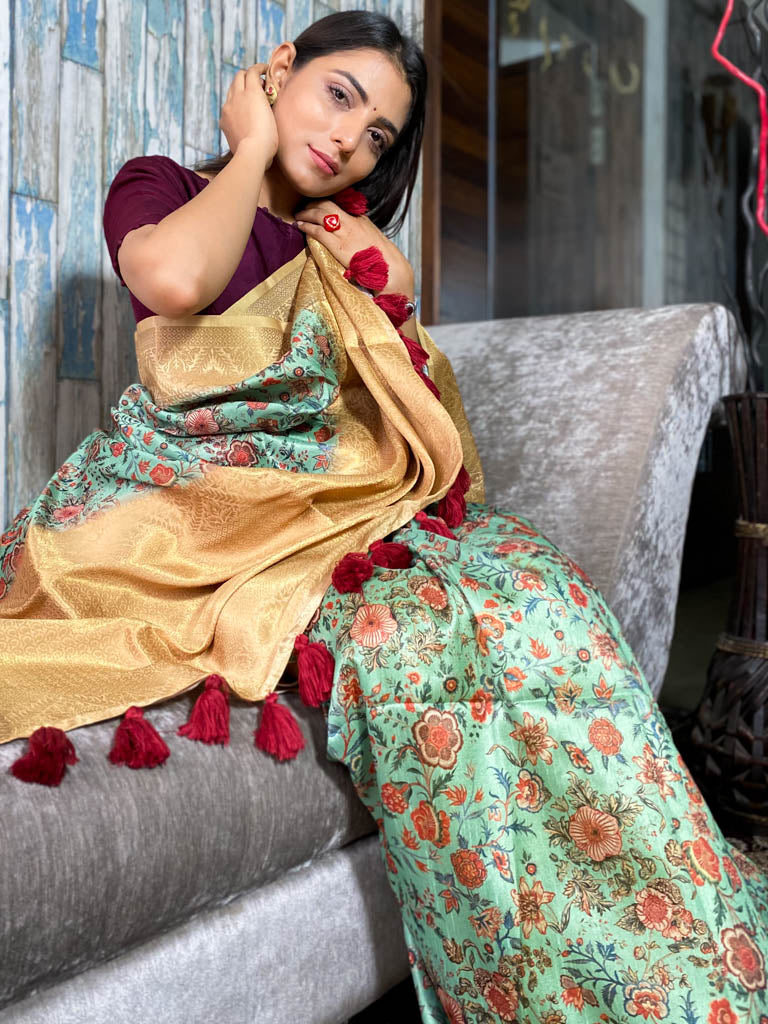Seafoam Green Uppada Cotton Silk Saree