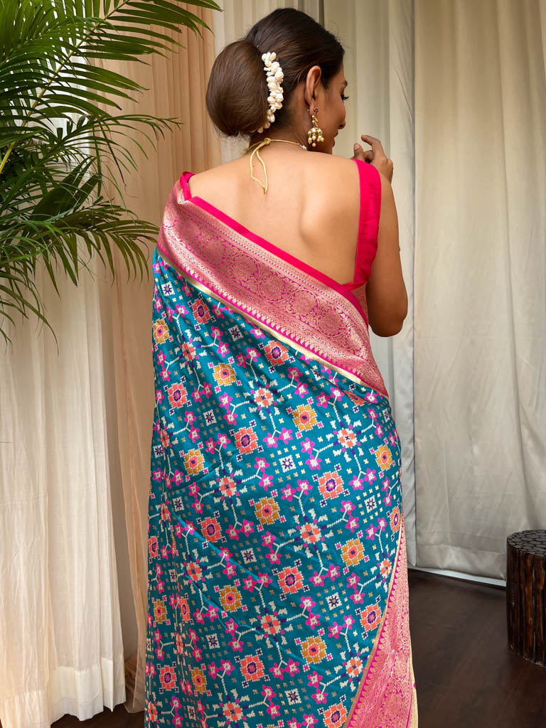 Cerulean Blue Patola Silk Saree