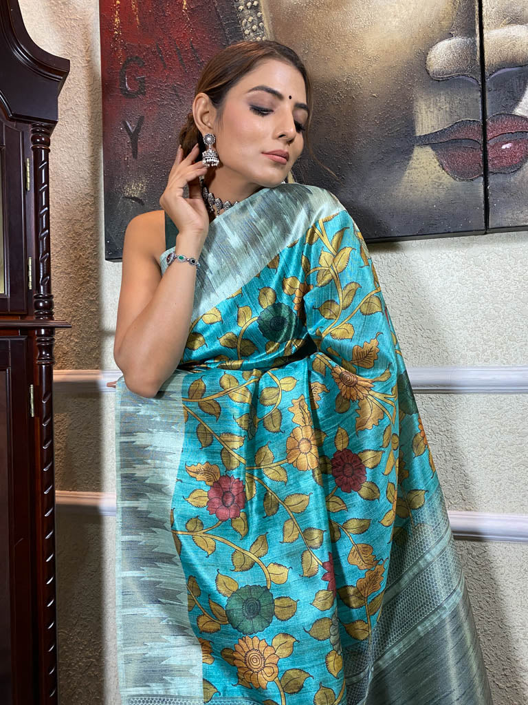 Carolina Blue Kalamkari Handloom Tussar Silk Saree